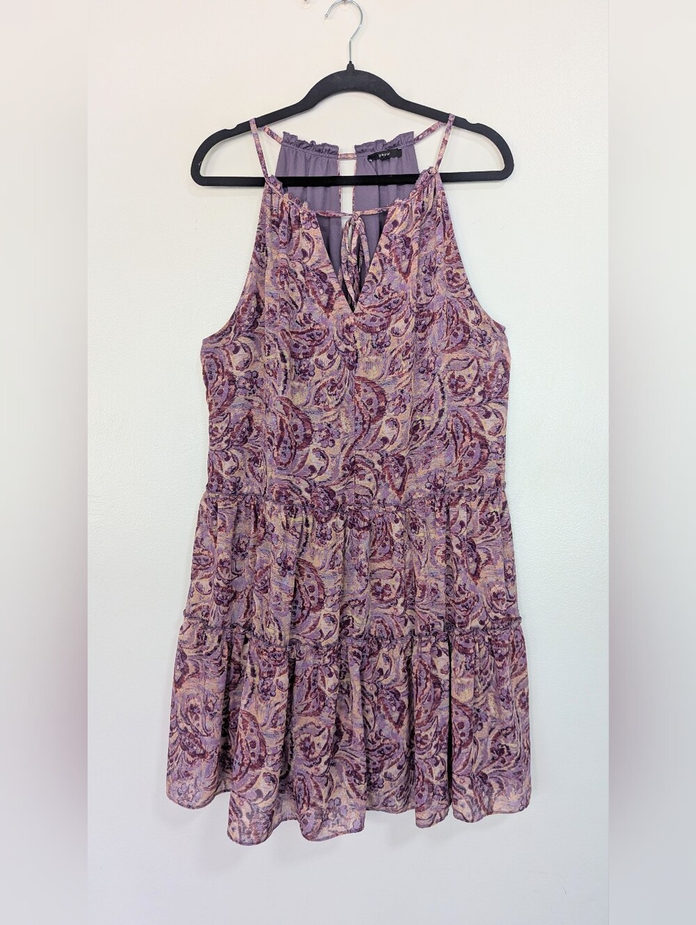 Drew Purple Paisley Print Sleeveless Tiered Halter Mini Dress Size Large